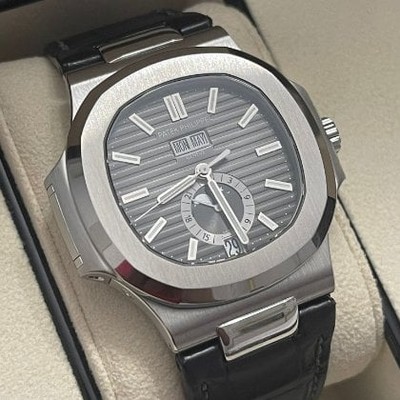 Patek Philippe Nautilus Stainless Steel Moon Phase Black Leather Strap (Ref#5726A-001)